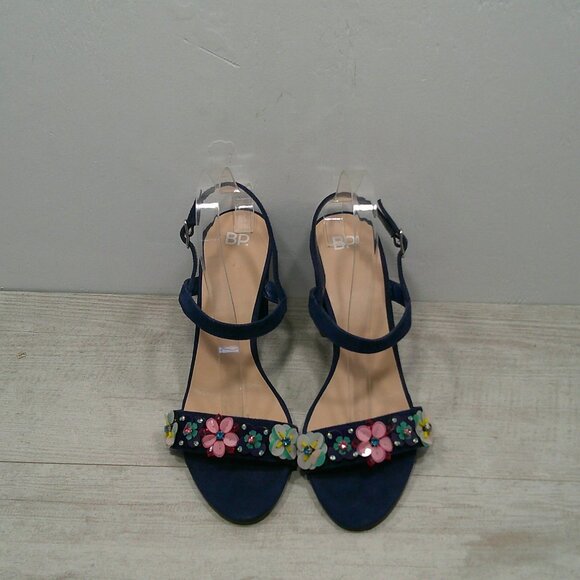 BP Navy Suede High Block Heels with Floral Embellishments Size 10 M - Picture 3 of 15